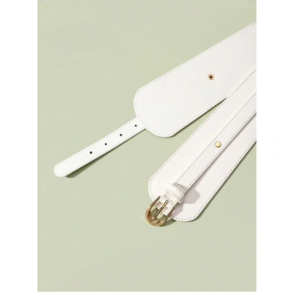 PU Wide White Belt Gold Tone Buckle - Picture 3 of 5